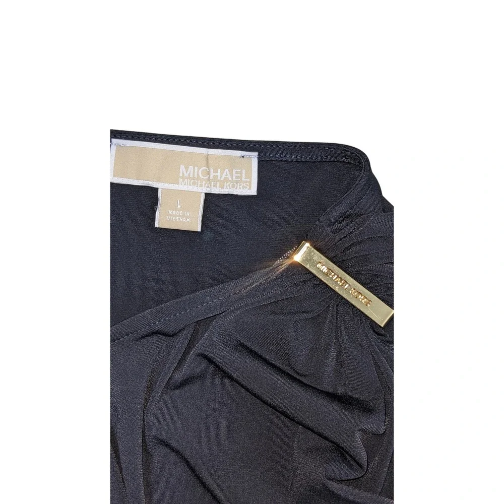 Michael Kors Womens Black Drape Front Top Shirt Gold Logo Accent Size L - Picture 5 of 6